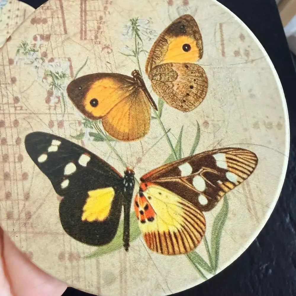 Set‎ of 4 Round Stoneware Corked Backed Butterfly Coasters Each One Unique